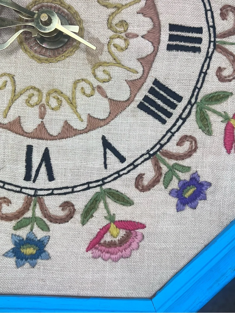 Vintage Needlepoint Handmade Floral Wall Clock with Roman Numbers 14x2